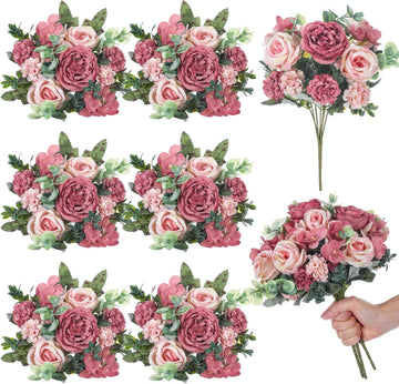 6 Pcs Artificial Peony Silk Florals Fake Mix Silk Peony Rose Faux Flower Hydrangea Bouquet Elegant Realistic Wedding