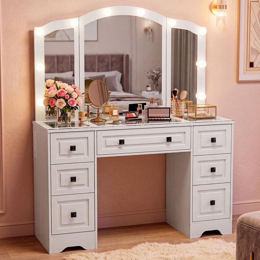 Vintage Vanity, White Vanity with Lighted Mirror & Third-Fold Mirror, Retro 5-Drawer Dressing Table with Glass Top