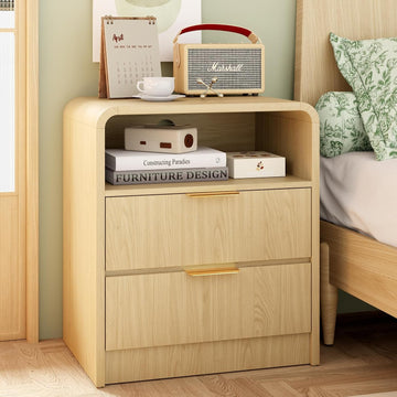 Modern Nightstand,Bedside Table,with 2 Drawers and Open Shelf, Oak Side Table, End Table ,Curved Profile