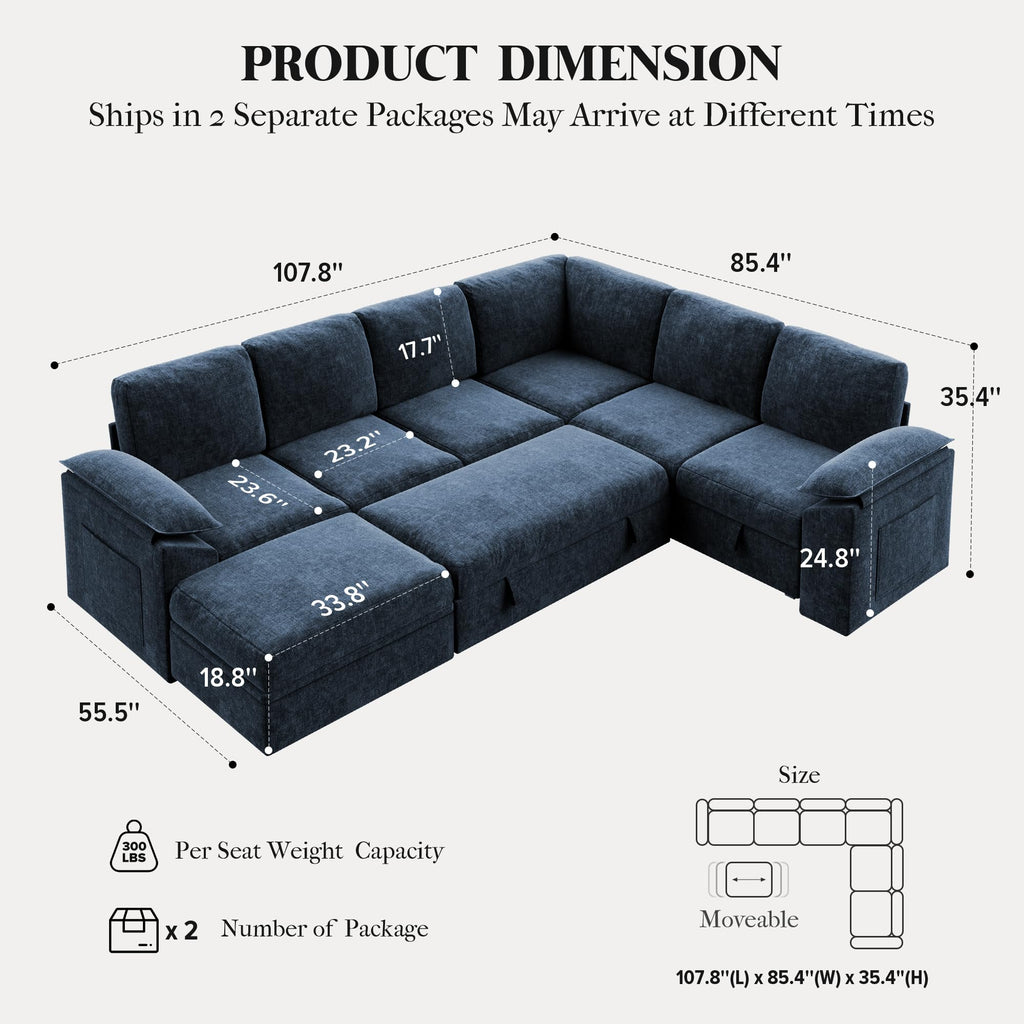108 inch Modular Sectional Sleeper Sofa with Pull Out Bed, Blue
