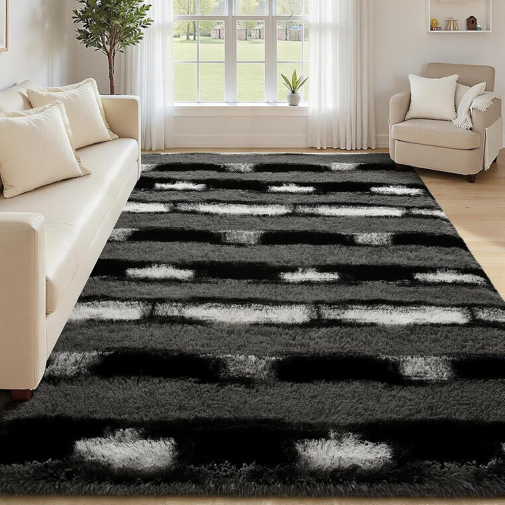 4x6 Fluffy Black and Grey Area Rug Striped