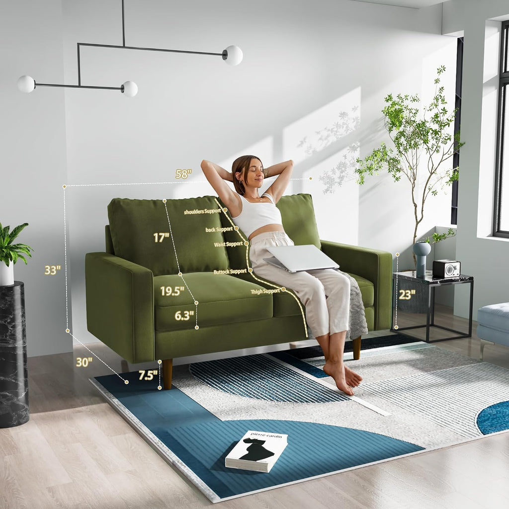 Modern Velvet Sofa Loveseat 58-inch, 2-Seater Compact Sofa , Ergonomic Support, Easy Assembly(Beige)