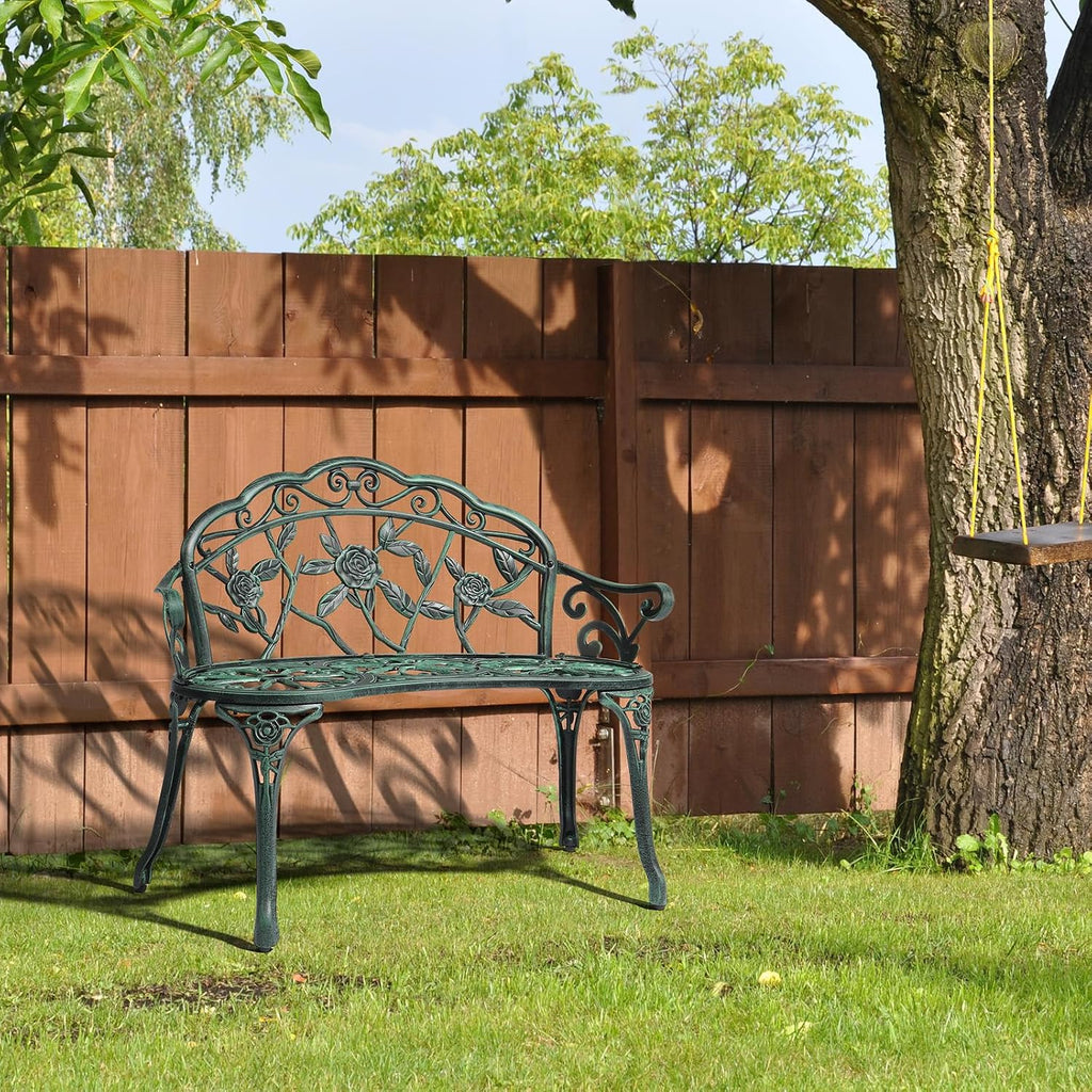 38.5" Patio Park Garden Outdoor Metal Rose Bench, 2-Person Cast Iron Cast Aluminium Frame Antique Finish
