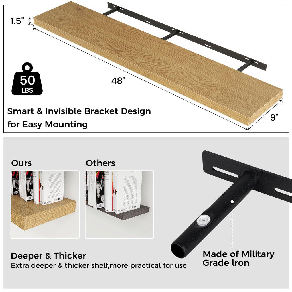 48" Wide x 9" Deep Floating Shelves for Wall, Oak Finish, 2-Pack