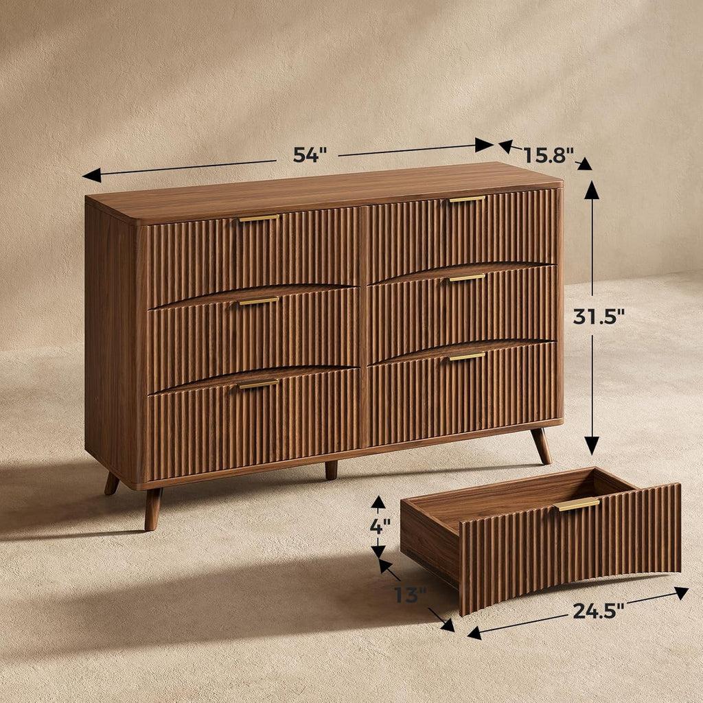 54" Wide Fluted 6 Drawer Dresser, Mid Century Modern Curved Dresser, Light Wood Chest of Drawers , Walnut