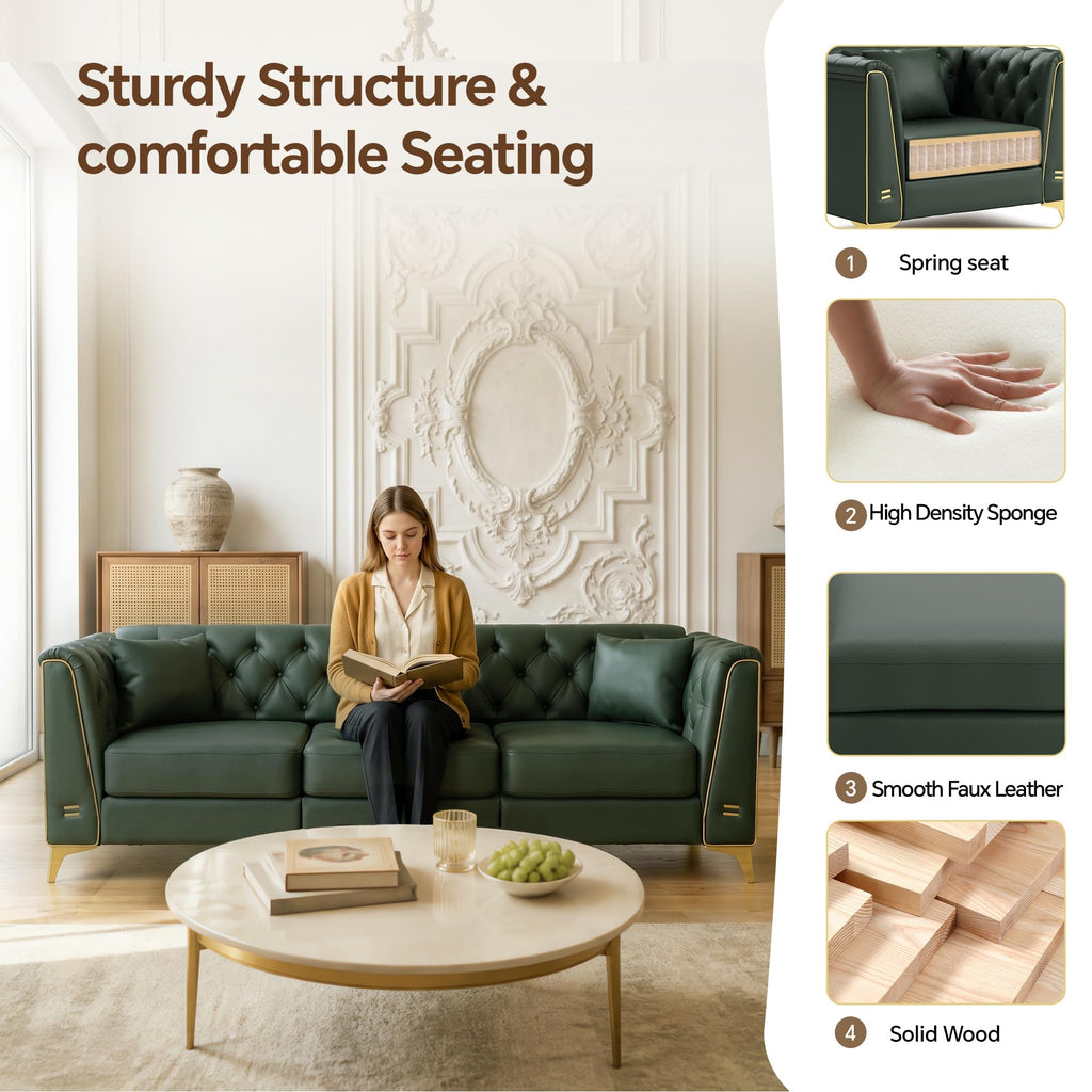 3-Piece Light Luxury Chesterfield Faux Leather Sofa Set (Green)