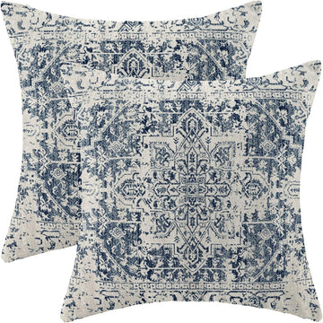 Boho Pillow Covers 20x20 Set of 2, Ethnic Design Decorative Throw Pillows Linen Blue Carpet Pattern Farmhouse Cushion