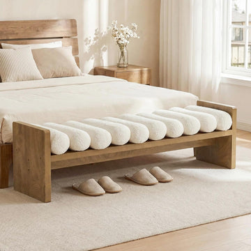59'' Wooden Entryway Bench with Boucle Cushion, Upholstered Fabric End of Bed Bench, Aesthetic Large Oval Ottoman