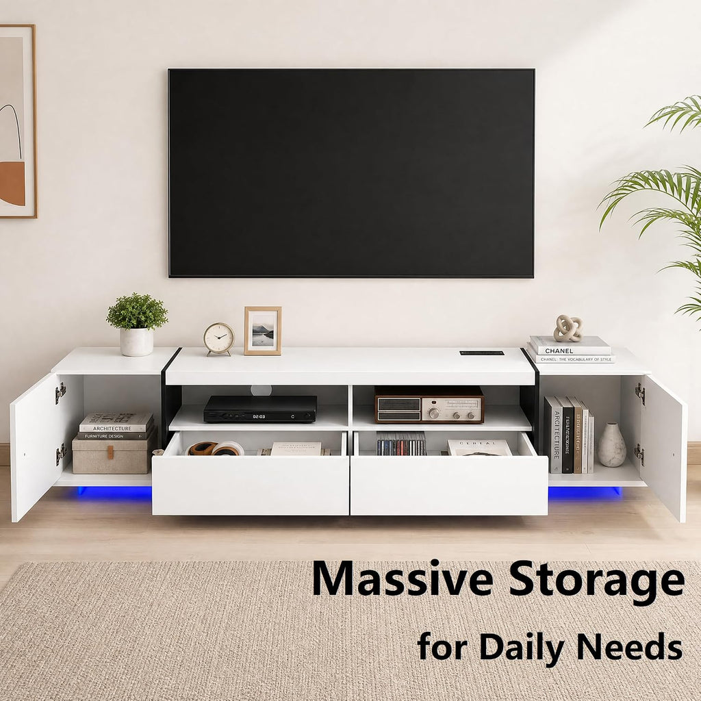 Modern 80 inch TV Stand for 75" 80" Up to 85" TV, LED TV Media Console with Power Outlets, Entertainment Center with Large Storage Cabinet for Living Room, White