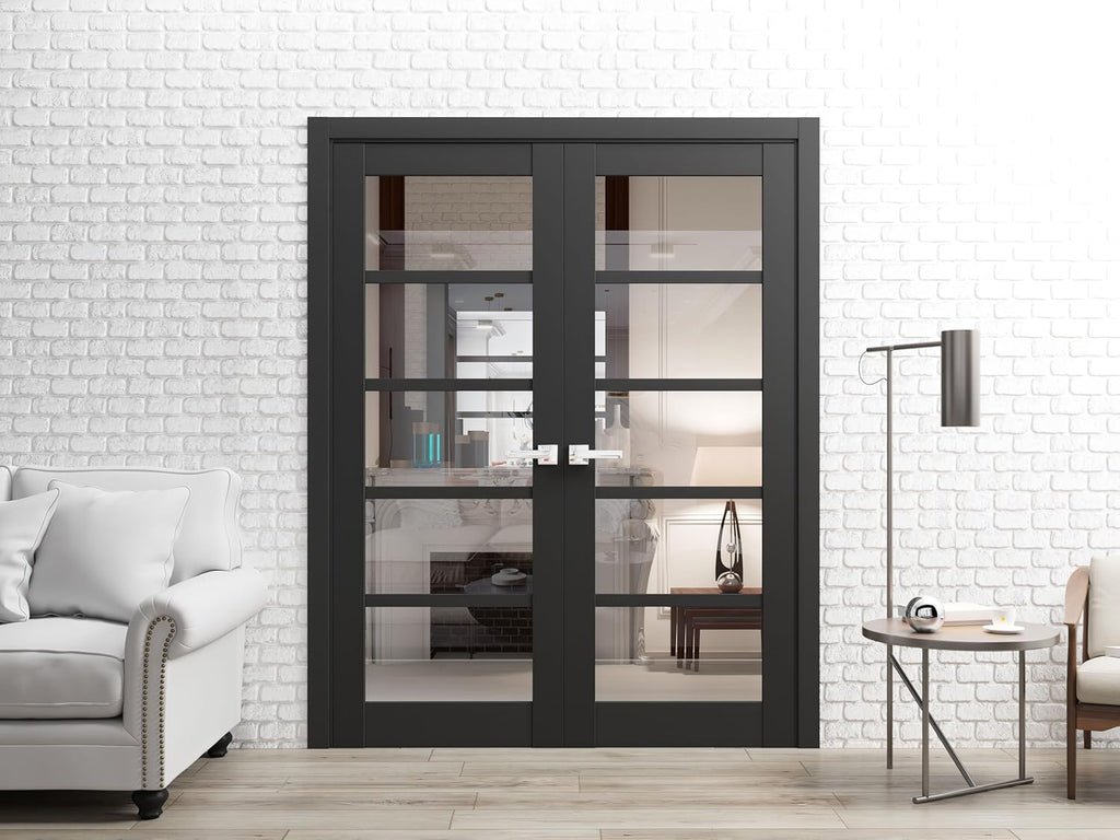 Quadro 4522 | Double Swing Interior French Doors with Glass, MDF, Hardware Included, 60x80, Black, M