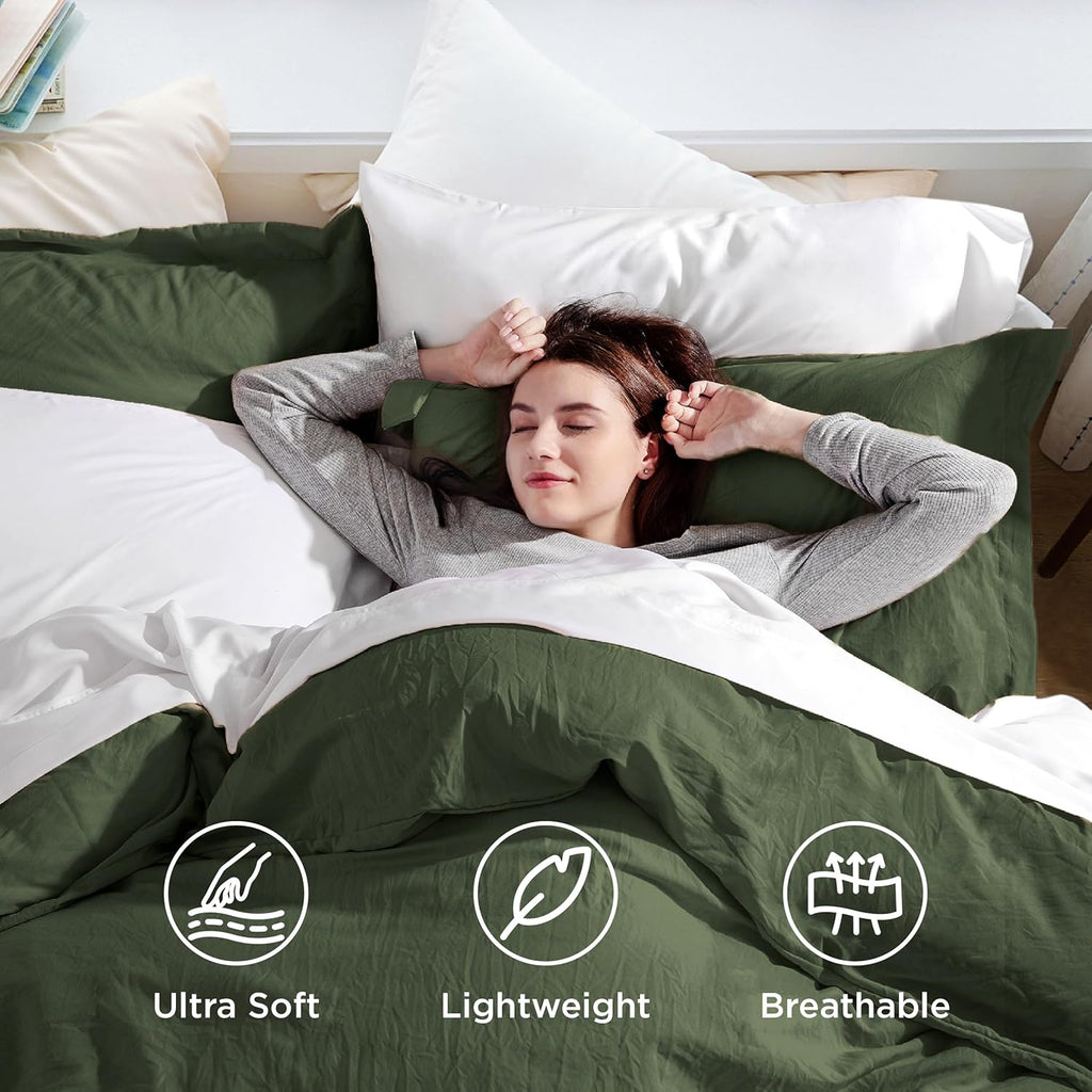Olive Green Duvet Cover - 3 Pieces Prewashed Cotton-Like Polyester Extra Soft Bedding Set, Includes 1 Duvet