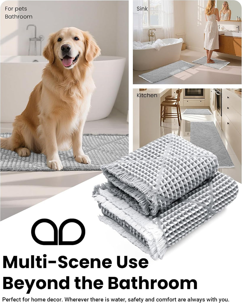 Waffle Bath Mat Set, Non Slip Bathroom Rugs Sets 2 Piece, Ultra Absorbent Long Bath Rug Runner Decor, Machine
