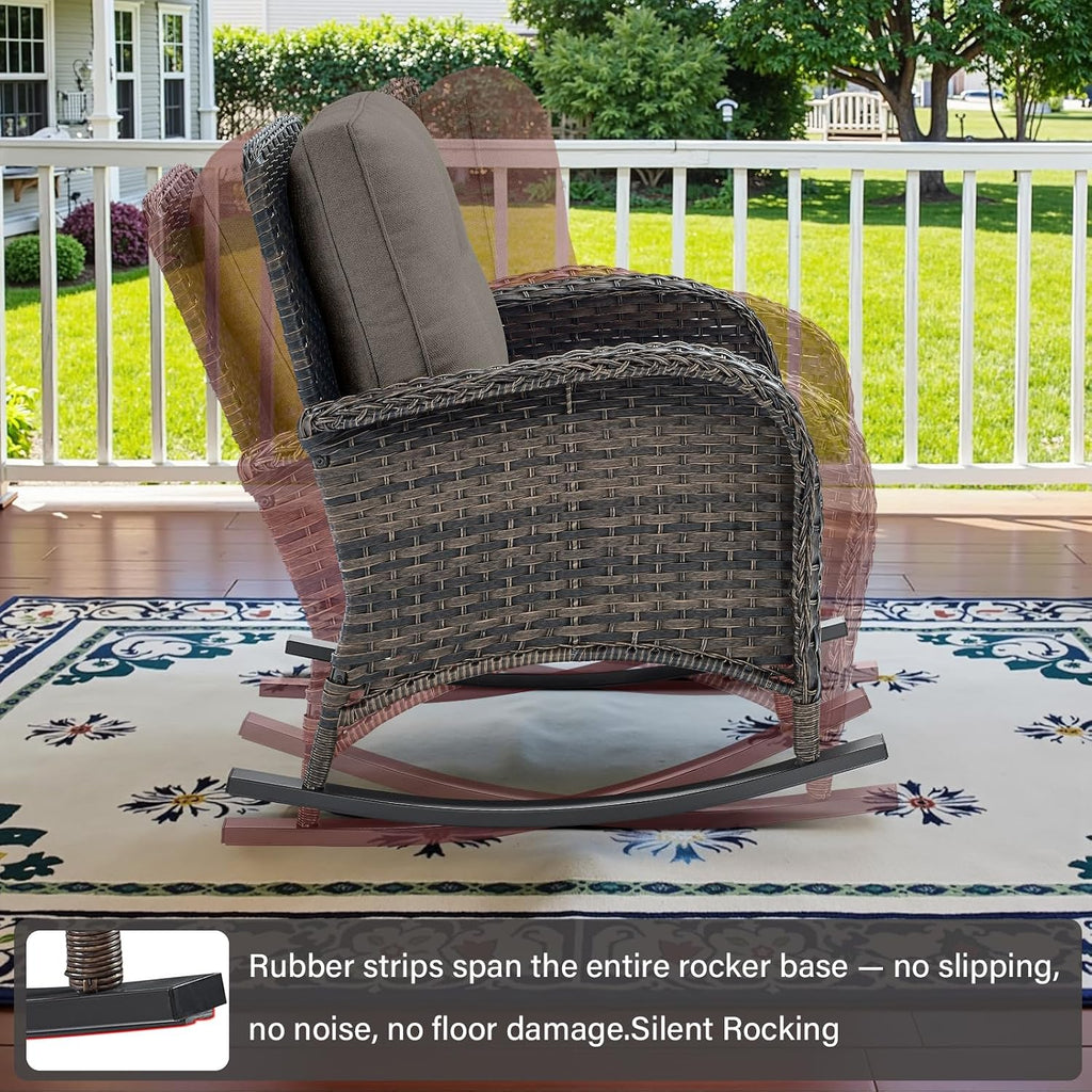 Patio Rocking Chair Wicker Chair, 1 Piece Outdoor Rocking Chair Seating with Cushions for Porch Deck Balcony