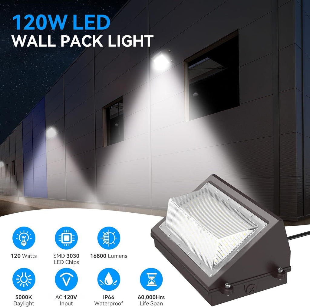 120W LED Wall Pack Light with Dusk-to-Dawn Photocell Sensor, 16800LM 5000K | IP66 Waterproof 120V LED Security Flood