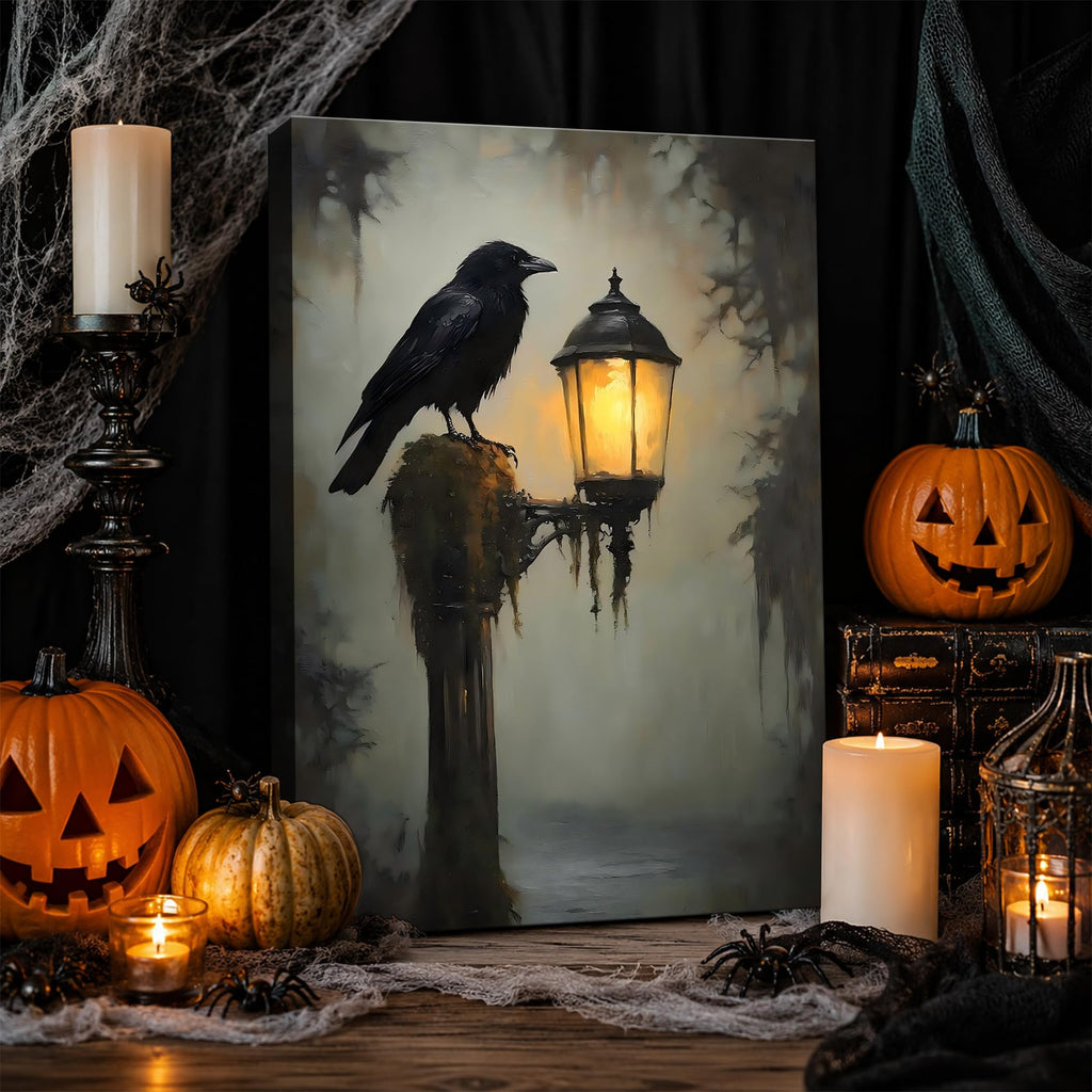 Framed Halloween Raven Canvas Wall Art Gothic Bird with Lantern Artwork, Vintage Dark Canvas Prints Wall Decor