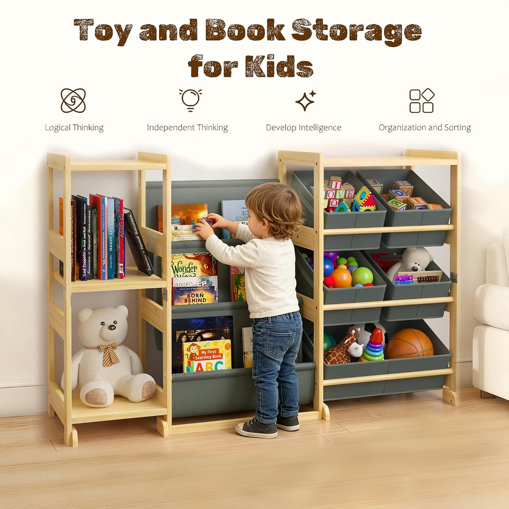 Kids Book and Toy Storage Organizer with Bins and Side Shelves | Solid pine wood frame with front book display for