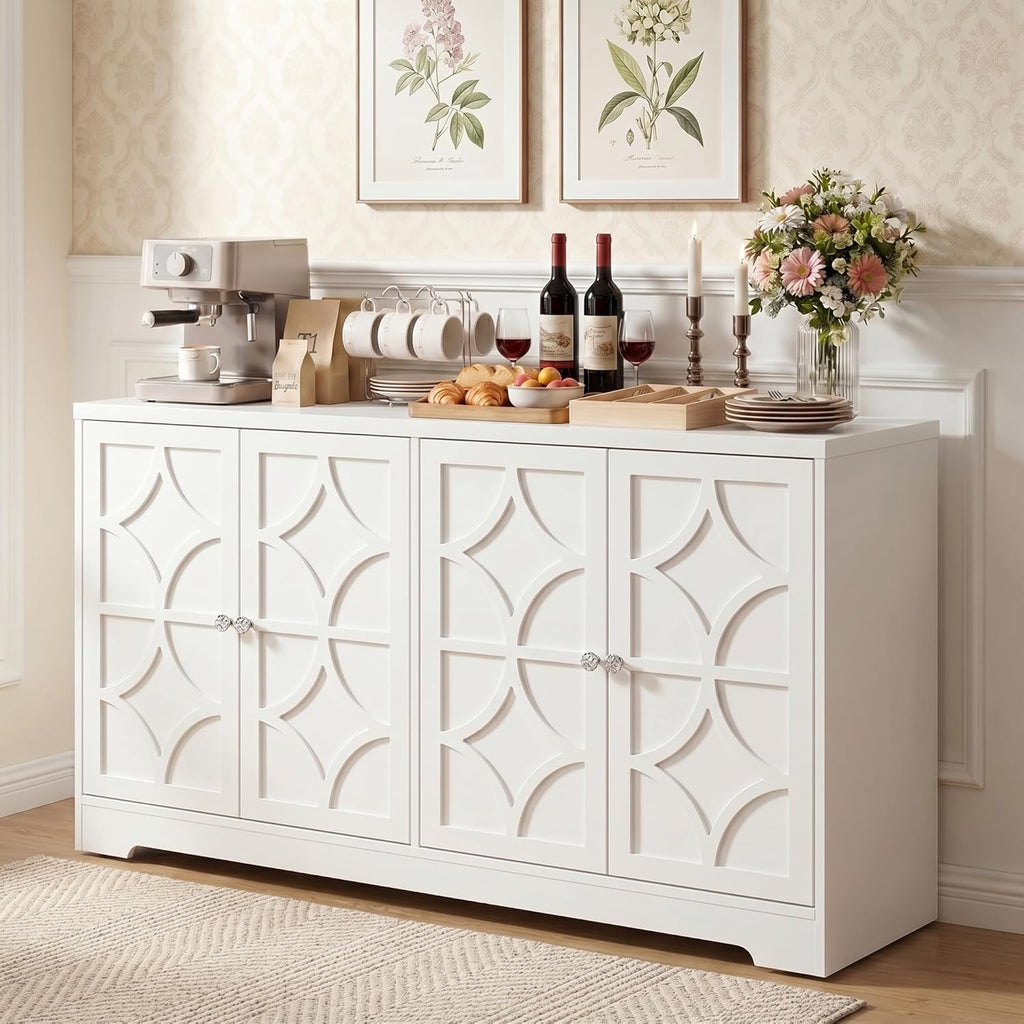 Sideboard Buffet Cabinet with Storage, 56" Modern Sideboard with 4 Carved Doors and Adjustable Shelves