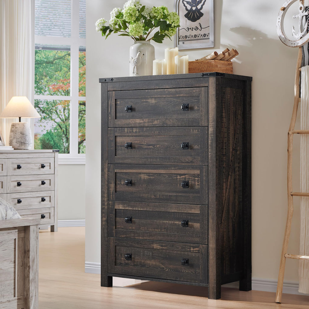 48" Tall Farmhouse 5-Drawer, Dark Rustic Oak