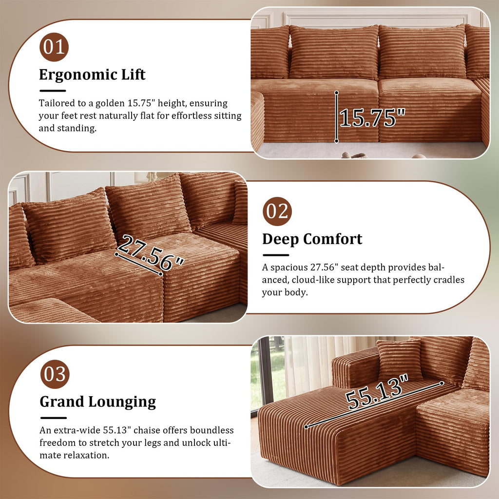 118'' Boneless Couch Sectional Sofa with Left Facing Chaise U-Shaped-Brown