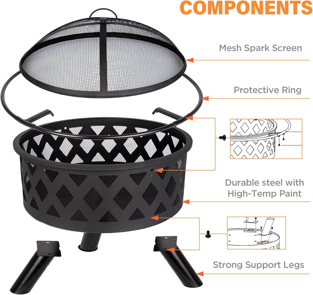 Red Mountain Valley 30'' Outdoor Wood Burning Fire Pit, 2-in-1 Large Round Fire Pit for Outside