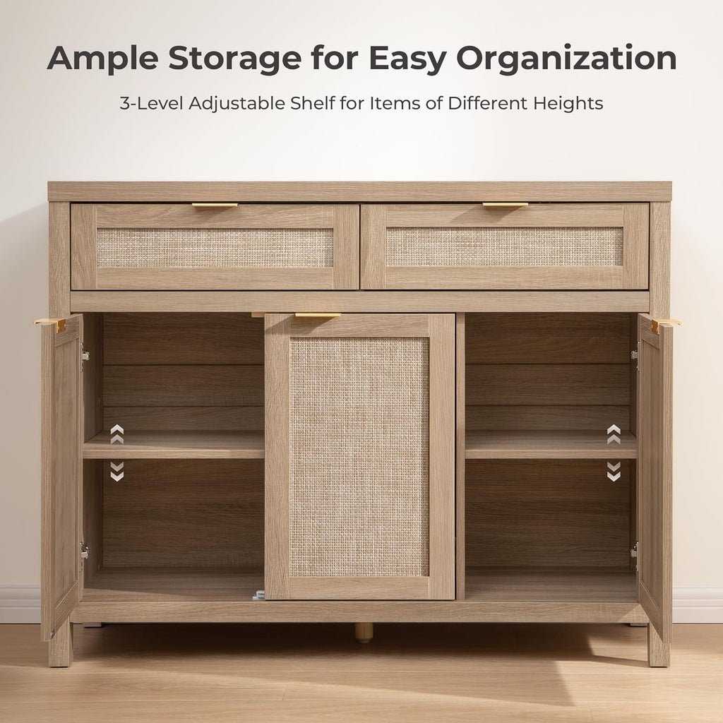 Rattan Sideboard Buffet Cabinet with Storage, Boho Credenza Accent Cabinet with 3 Doors and 2 Drawers
