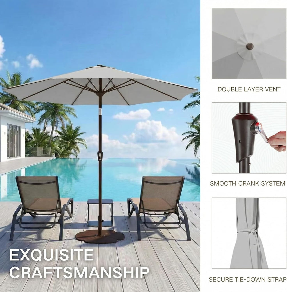 9FT Outdoor Patio Umbrella, Round Market Table Umbrella with Push‑Button Tilt and Crank Lift, 8 Sturdy Metal Ribs
