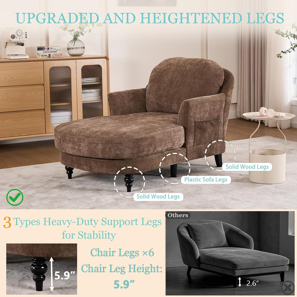 59.8" Chaise Lounge Chair Indoor, Oversized Reading Chair Bed, Brown | Comfy Single Reading Chairs, Modern