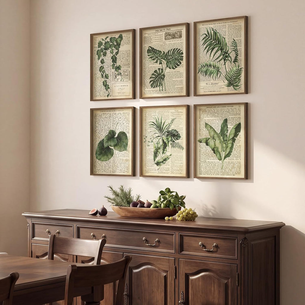 Framed Vintage Botanical Wall Art, Set of 6 Green Leaf and Fern Canvas Painting Prints, Rustic Farmhouse Plant