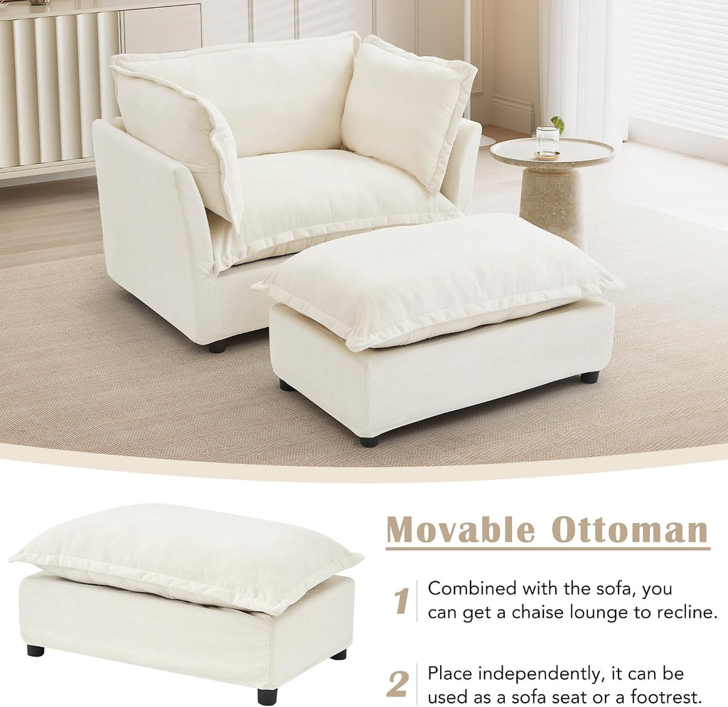 Modern Reading Chair and Ottoman — Beige Velvet