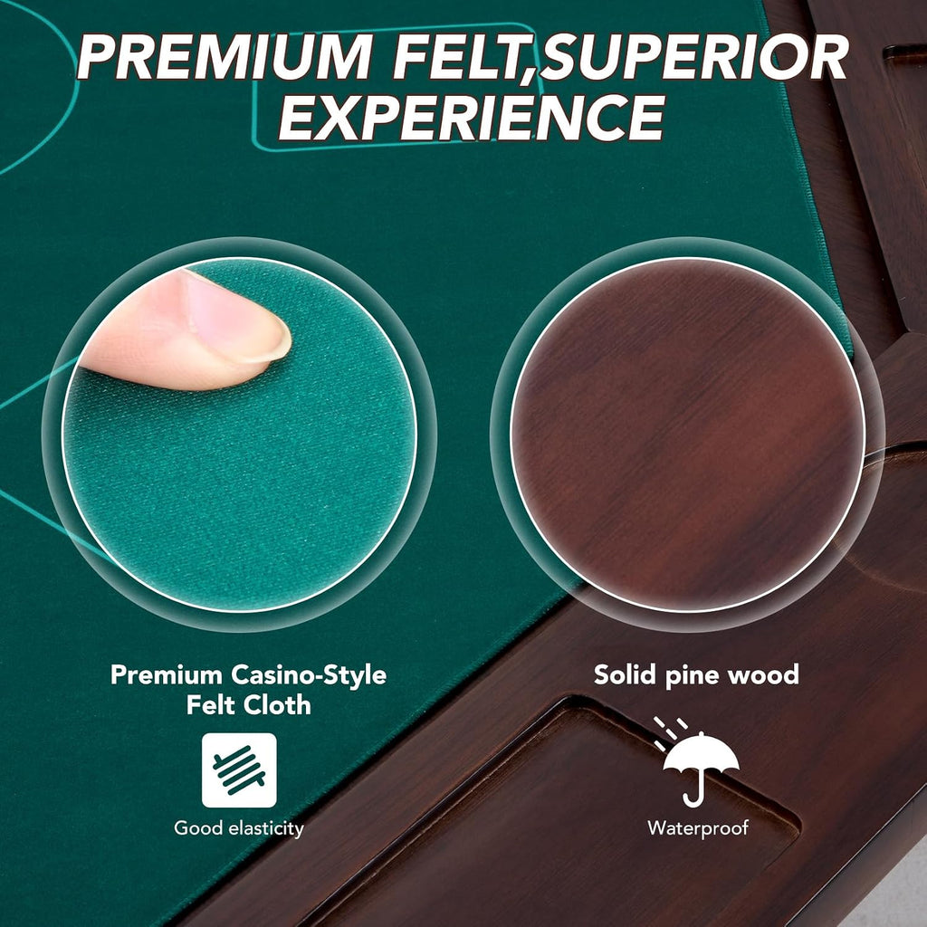 Solid Wood Poker Table, 60 Inch 8-Player Casino Style Game Table with Built-in Cup Holders & Felt Playing