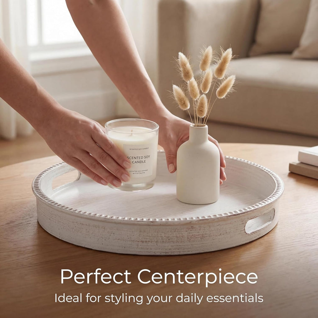 13 Inch Round White Centerpiece Tray with Handles - Plastic Distressed Wood Grain Decorative Serving Platter for