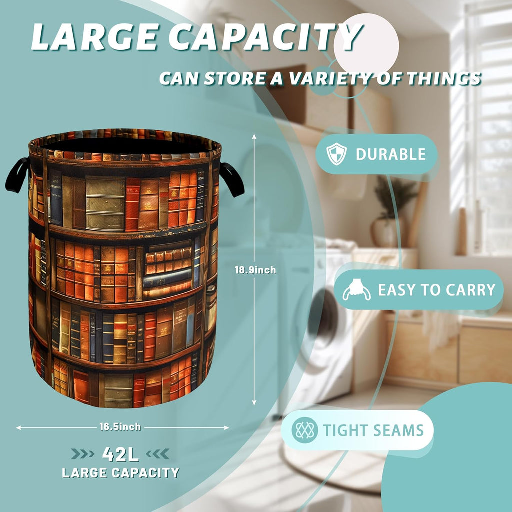 Wooden Bookshelf Laundry Basket Oxford Cloth Foldable Hamper 18.9x16.5inch | Funny Laundry Basket With Handles