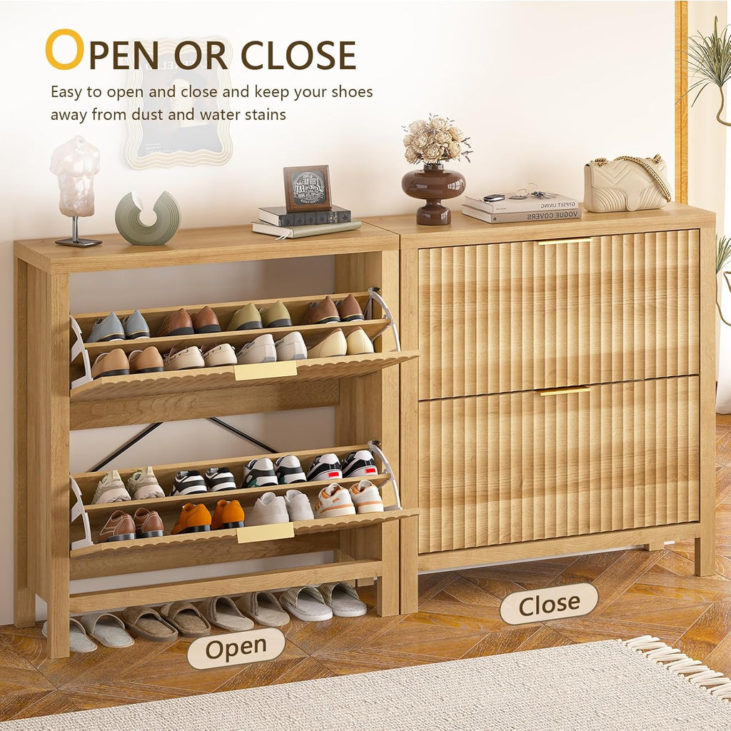 Shoe Cabinet Storage , Fluted Shoe Cabinet with 2 Flip Drawers, Hidden Shoe Rack Tall Freestanding Shoe Organizer