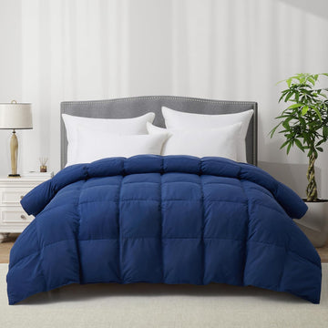 Luxury Goose Feather Down Fiber Comforter Queen, 300TC Blue Cotton Blended Duvet Insert