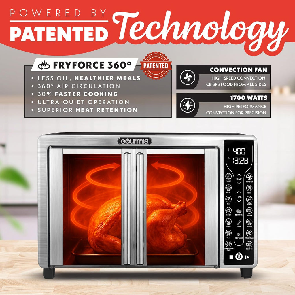 French Door Air Fryer - 25 Qt Large Capacity Convection Oven, Fryfroce 360°, Digital Display with 17 Cooking Presets