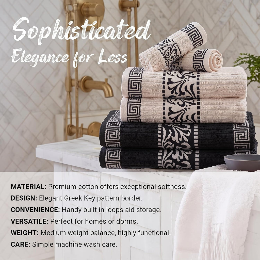 6-Piece Cotton Towel Set, Decorative Greek Pattern, Home Essentials, Absorbent Towels, Bathroom Decor, Spa, Resort