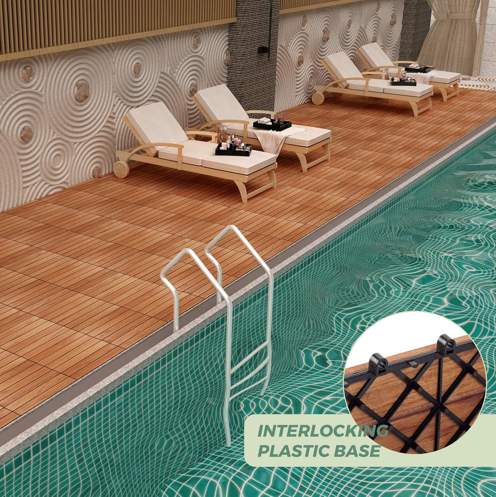 Hardwood Deck Tile (Pack of 10, 12"x12") - Interlocking Patio Tiles in Solid Acacia Wood, Oiled Finish, Waterproof, All