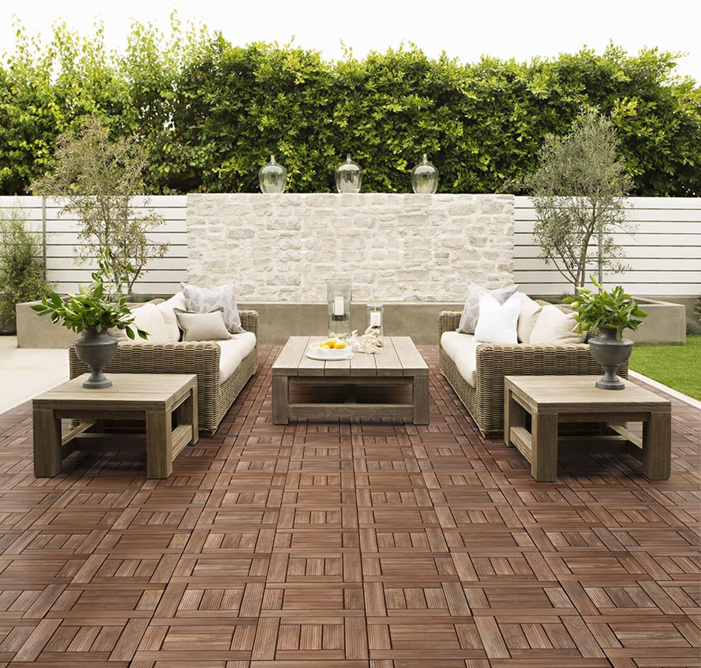 27PCS Wooden Flooring Patio Deck Tiles Interlocking Tiles Patio Solid Wood and Plastic Indoor&Outdoor 12 x 12in Brown