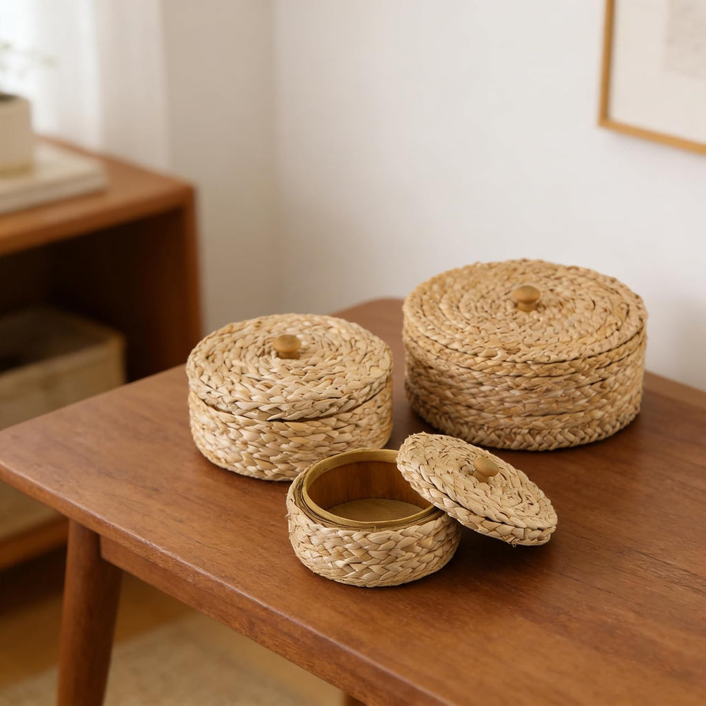 Round Rattan Storage Boxes with Lids Set of 3, Handwoven Wicker Basket, Small Baskets for Shelves, Boho Organizer