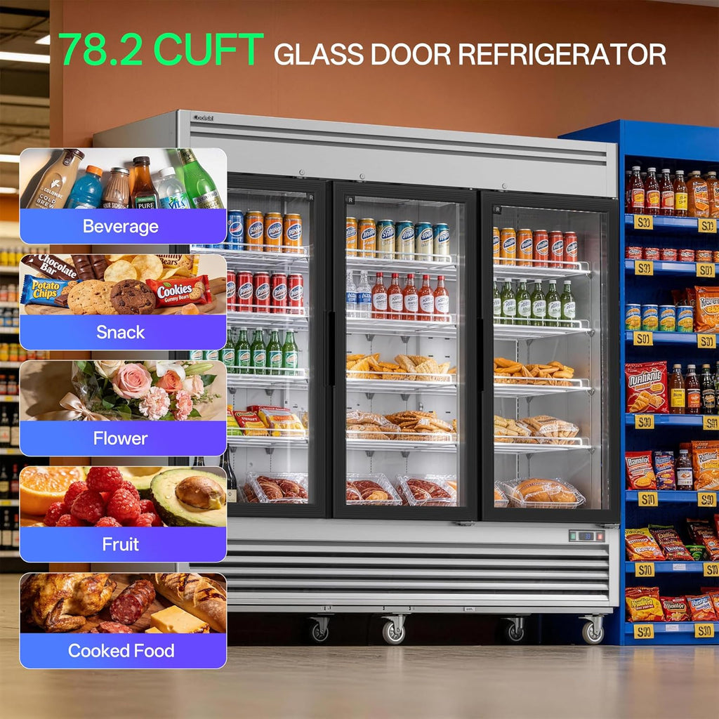 82" W 3-Door Commercial Beverage Refrigerator, 78.2 Cu.ft Glass Door Display Coo