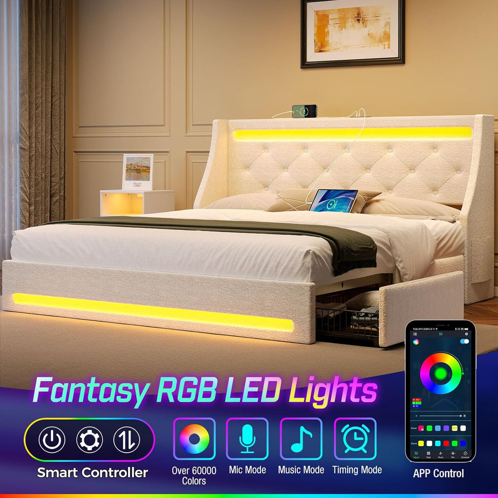 Queen Bed Frame with LED Lights and Charging Station, Upholstered Bed with Drawers, Wooden Slats, Noise Free