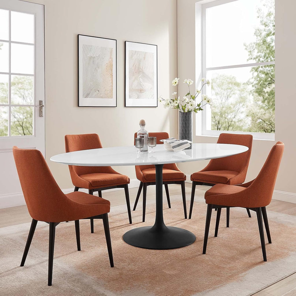 Inspired Saarinen Style Tulip Oval Pedestal Dining Table — Black Base / White Top, 78″ Oval