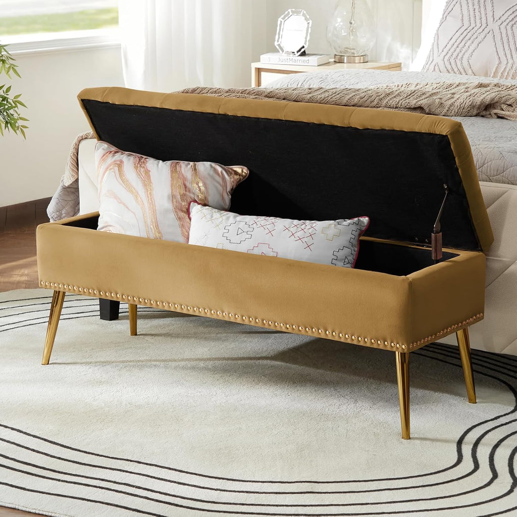 45.5" Luxury Velvet Storage Ottoman Bench with Button Tufted & Nailhead Trim, Upholstered Entryway Benches with Gold