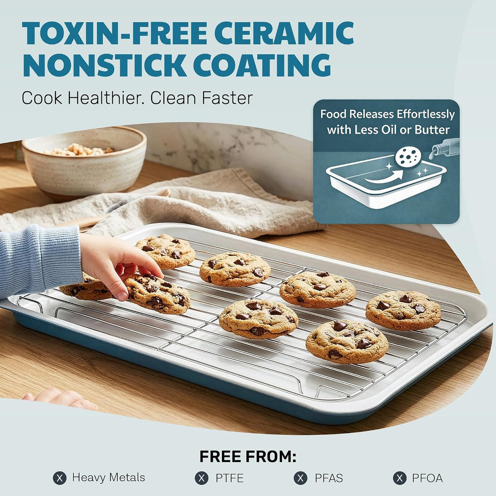 Nonstick Bakeware Set 6 Pc Stackable, Ceramic Pans Set, PFOA & PFOS Free Aluminum, Cookie Sheet, Cake, Muffin, Loaf