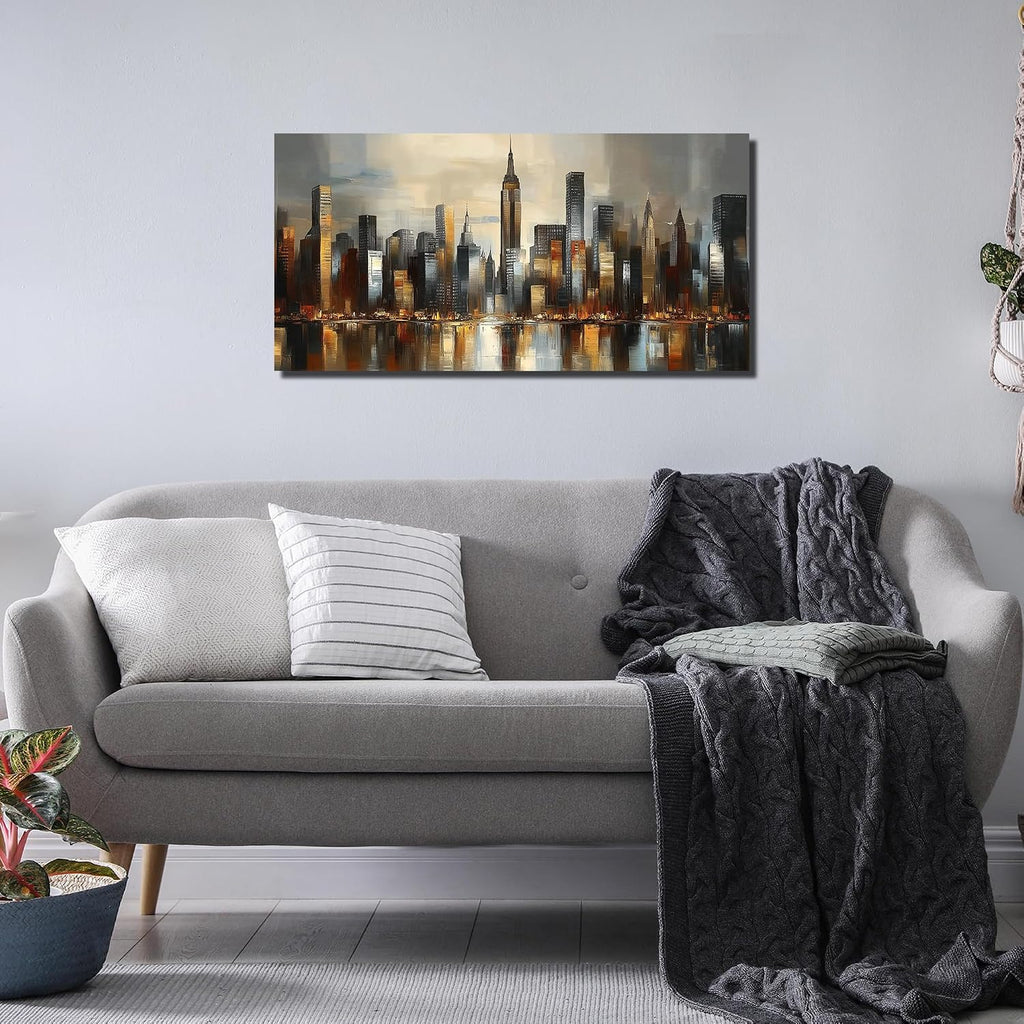 City Wall Art , Gold and Grey Wall-Decor , Modern Cityscape Poster Canvas Print