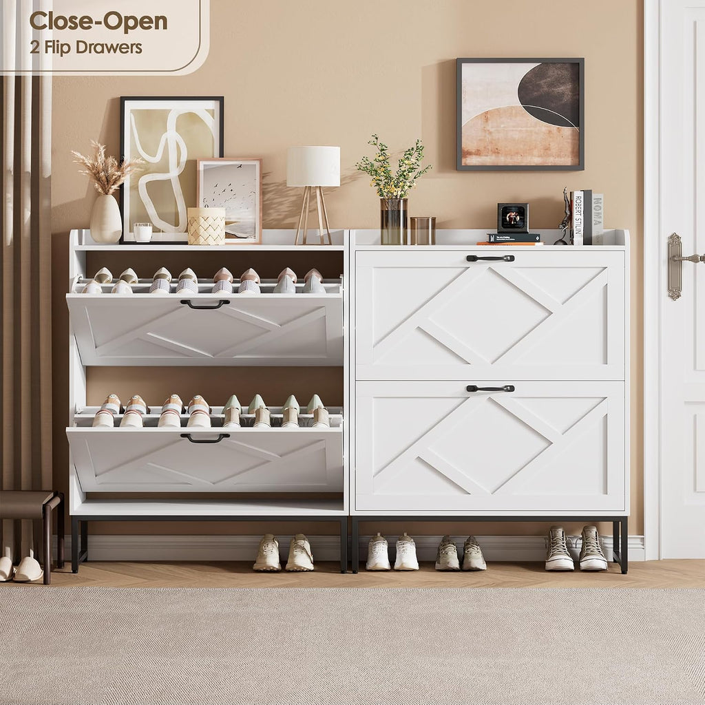 Shoe Storage Cabinet with 2 Flip Drawers, Freestanding Shoe Organizer, Shoe Cabinet with Metal Legs, Narrow Shoe Rack