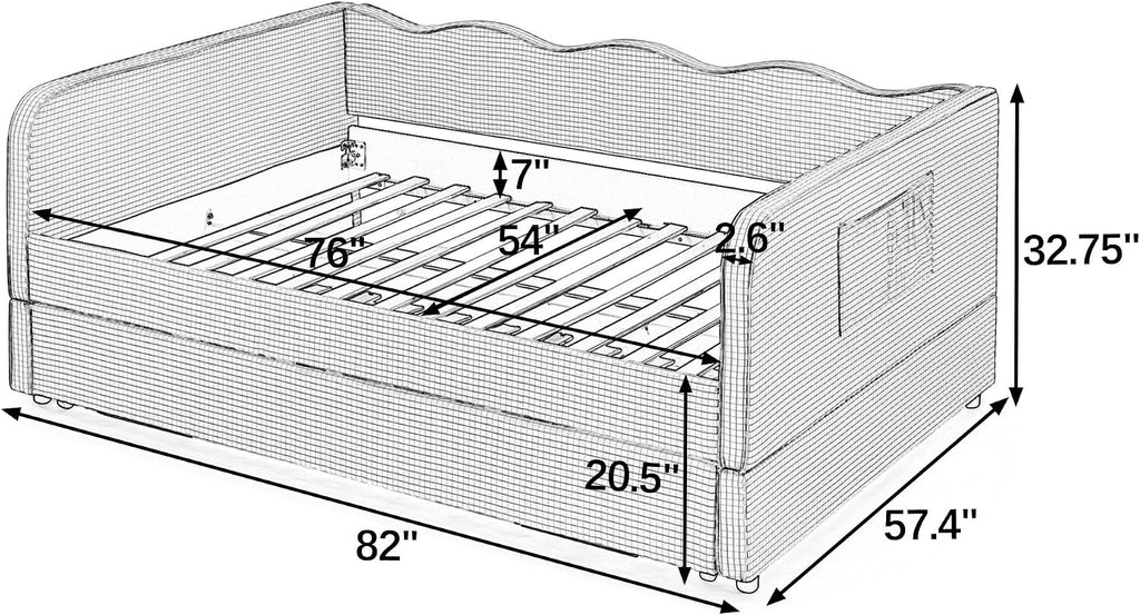 Gingham Daybed with Pop-up Trundle and Side Storage Pockets /Guest Room, Full Size 3-in-1 Convertible Upholstered