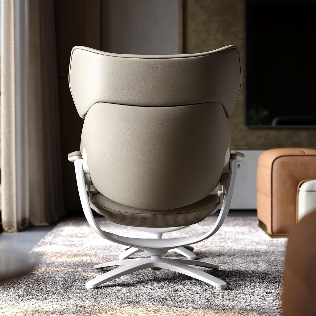 Modern Reclining Swivel Lounge Chair and Ottoman — White Genuine Leather