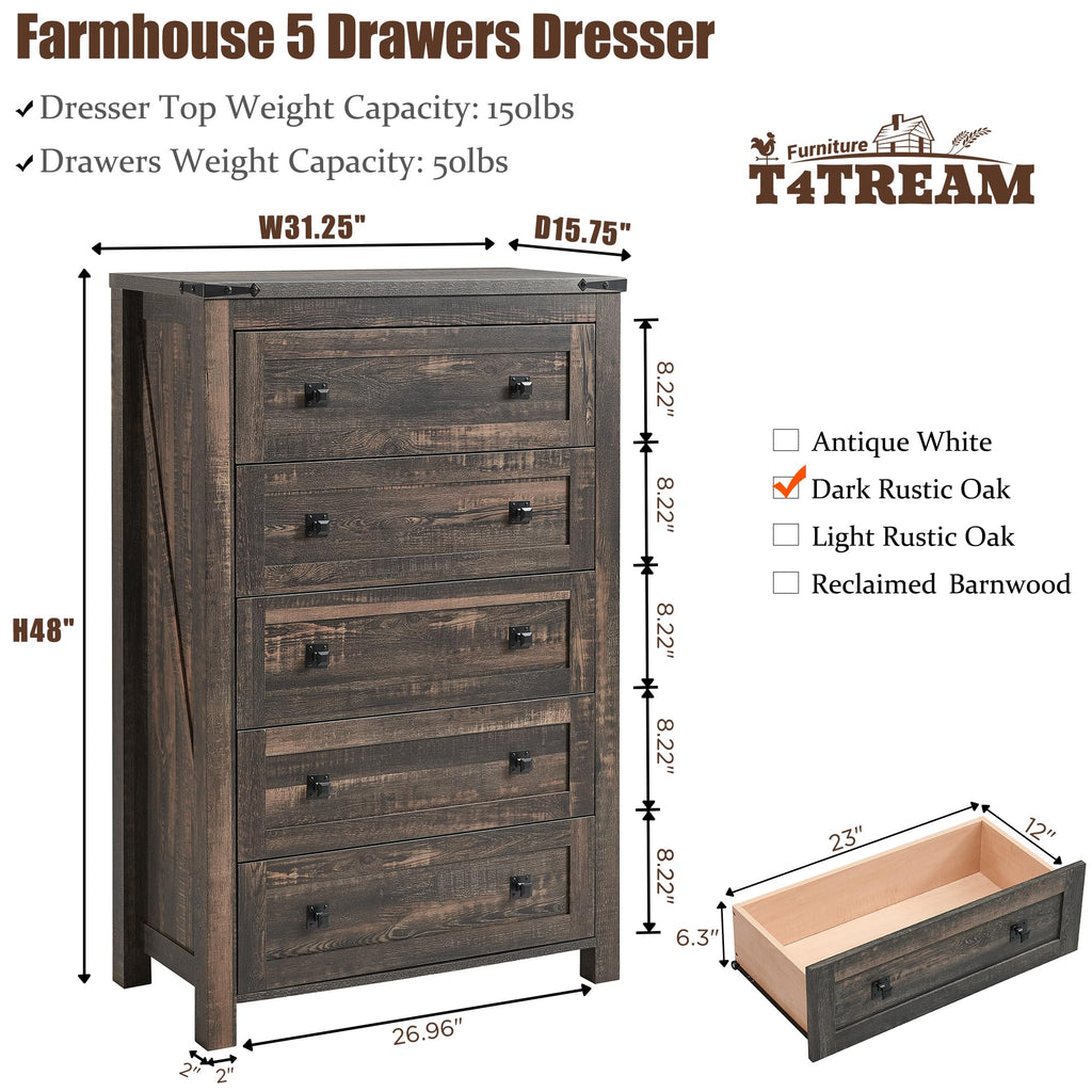 48" Tall Farmhouse 5-Drawer, Dark Rustic Oak