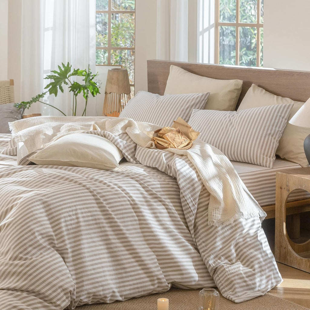 Striped Duvet Cover Set 100% Washed Cotton Linen Like King - Set of 2